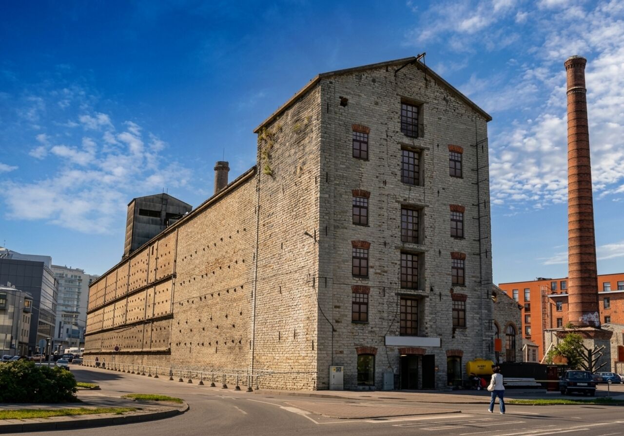 Historic limestone factory building and brick chimney in the Rotermann Quarter, Tallinn