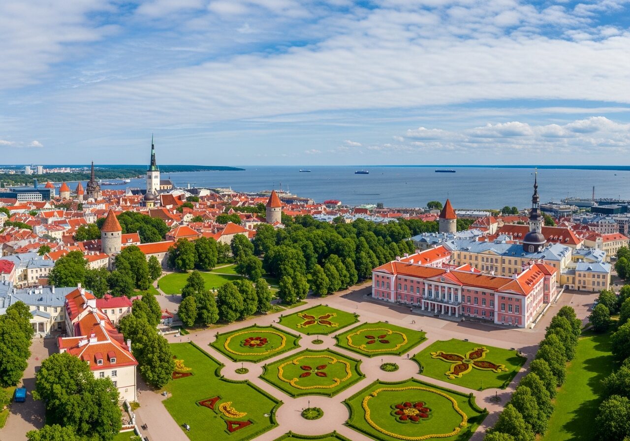 Aerial view of Tallinn Old Town, Kadriorg gardens and the Baltic Sea