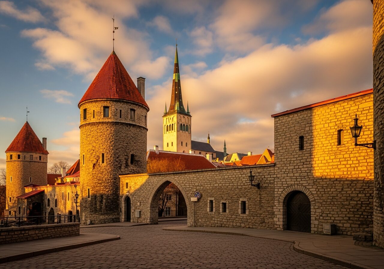 Tallinn's medieval town walls and towers at golden hour